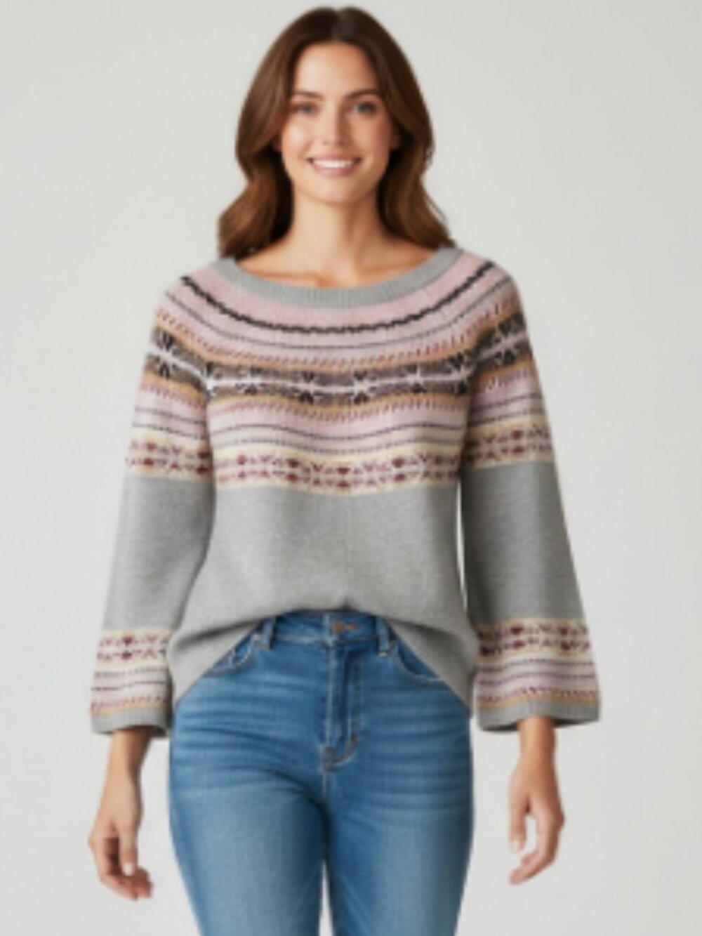 Pink Gray Fair Isle Crewneck Long Sleeve Sweater, Y2K, Friends Style, M